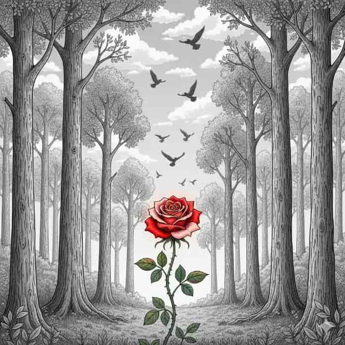 Rosa roja en un bosque oscuro, símbolo de esperanza y equilibrio mental